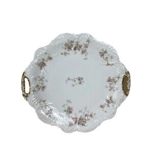 Antique Elite Works Limoges France Pink Green Floral Serving Plate Golden Hdls
